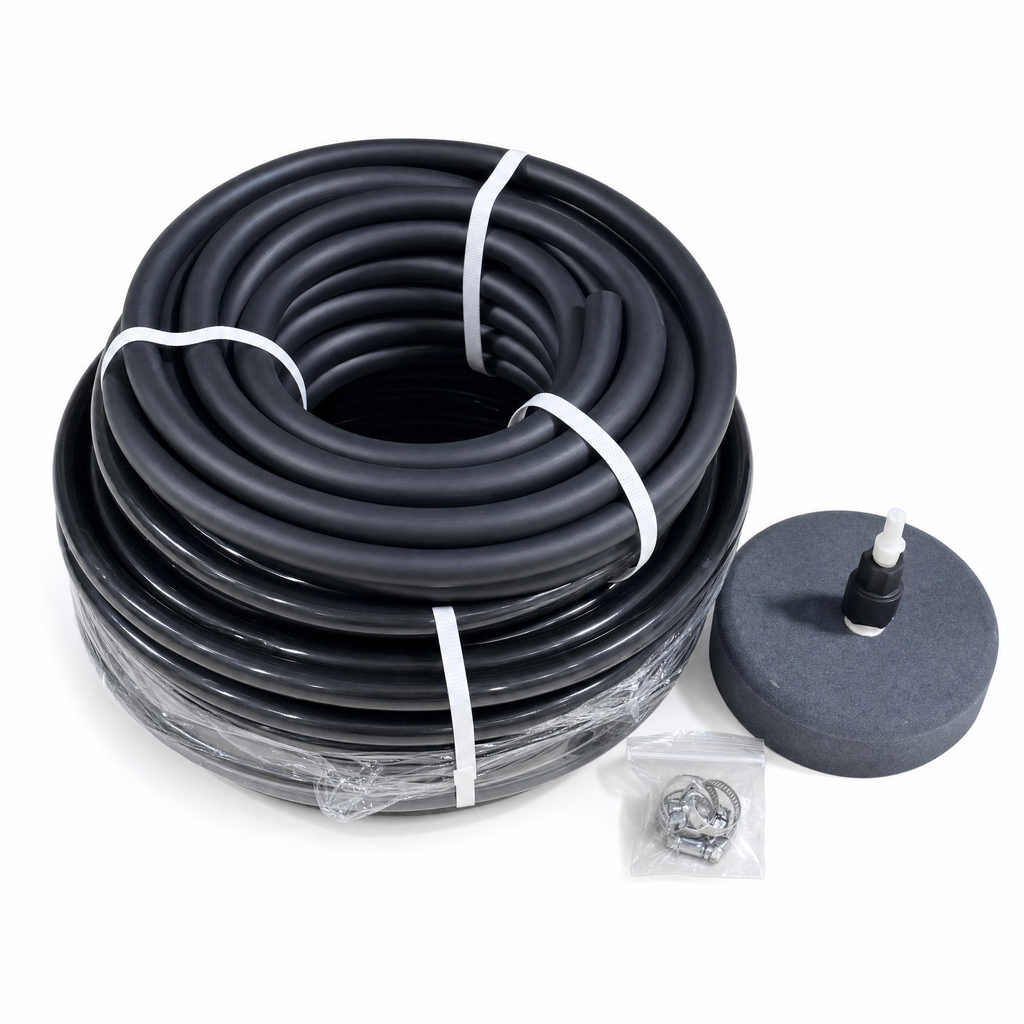 Solar Aeration Accessory Pack - includes 100 ft 3/8" poly tubing, 50' 3/8" weighted airline, hose clamp connector, airline, airstone diffuser & 3/8" foot valve